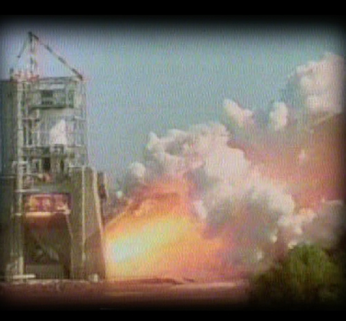Film still: Early rocket engine test fire at Redstone Arsenal