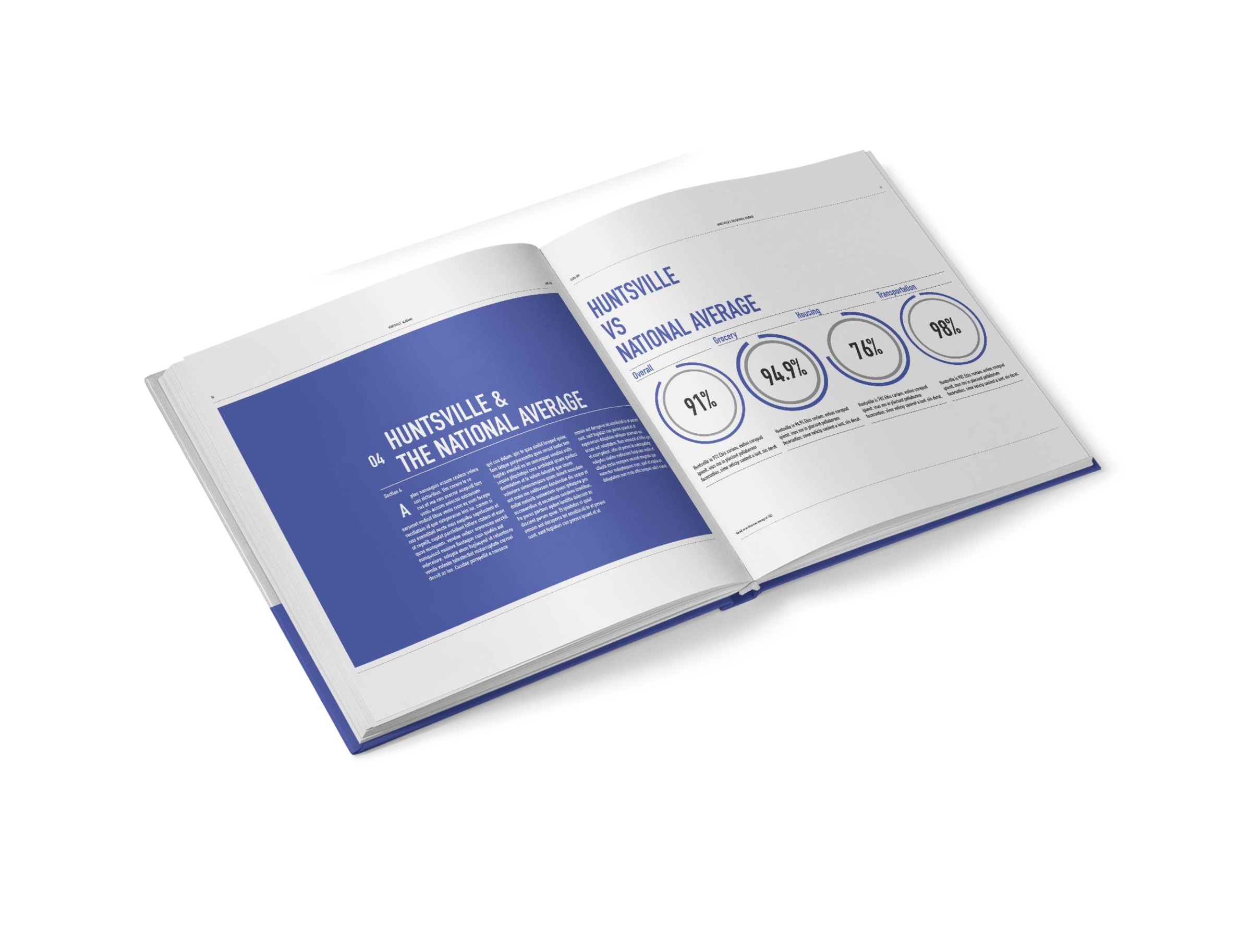 Huntsville: The Rocket City booklet — open spread showing cost of living data vs national average